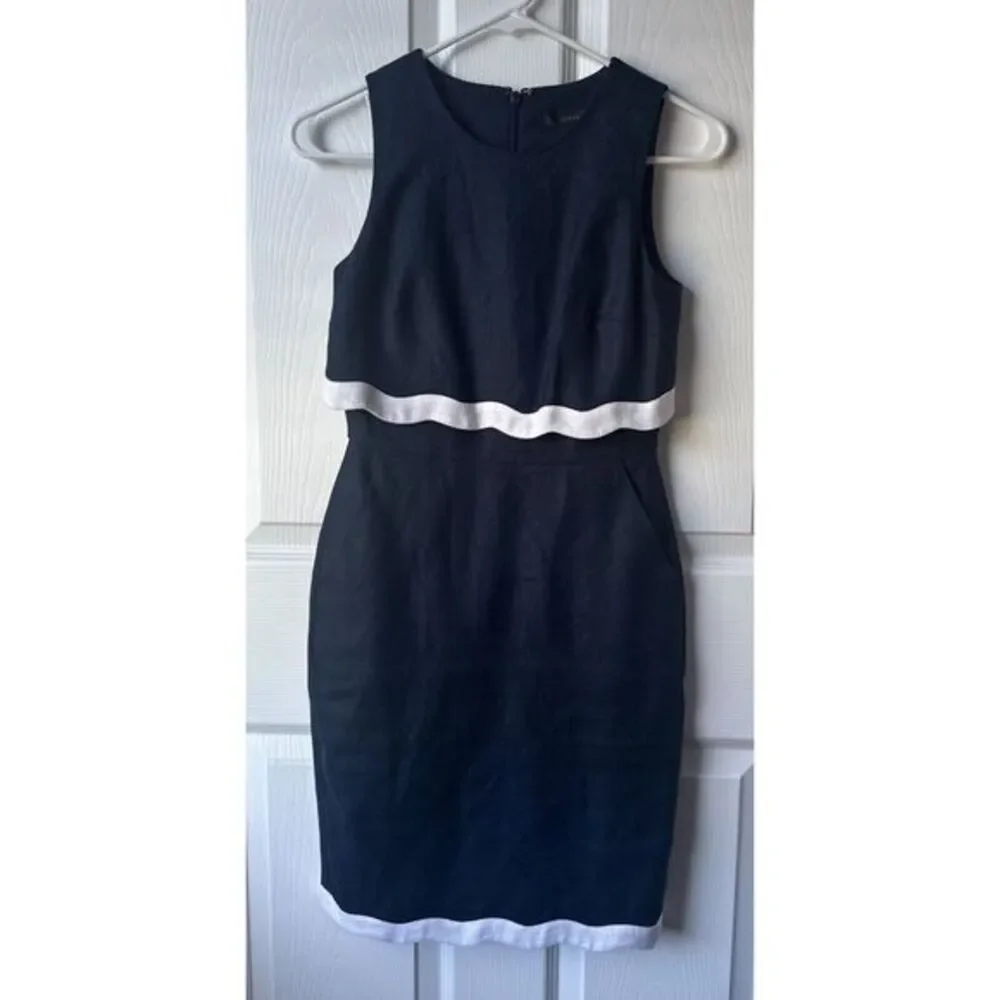 J CREW Going Places Linen Dress Size  00P tall Sleeveless Navy White Scallop Hem